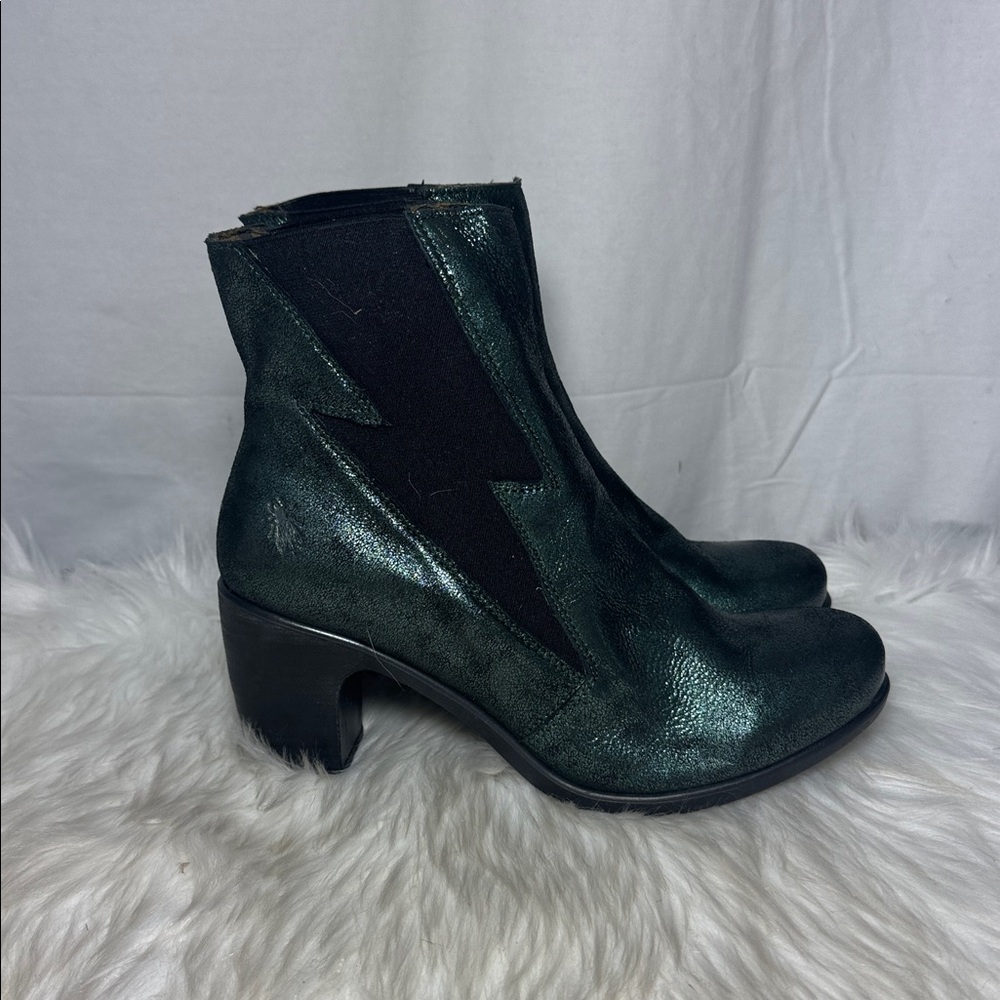 Fly London Black/Metallic Green Women's Ankle Boots Classic Leather Style Sz 41 - Picture 5 of 8